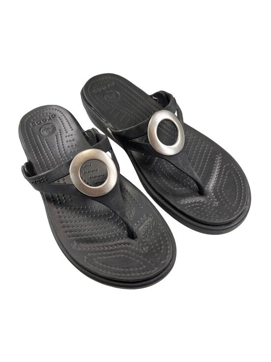 CROCS Shoes - Crocs Sanrah Wedge Sandals Black Flip Flop Thong W7 Silver Circle Womens 14153